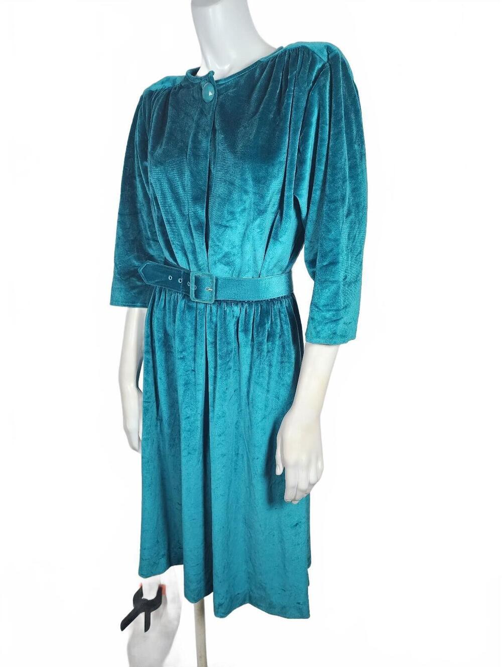 Vintage 80's Blair Emerald Green Velvet Dress with Belt Size 12